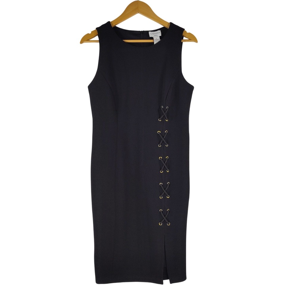 Carmen Marc Valvo Black Textured Lace Up Sheath Dress Size 8
